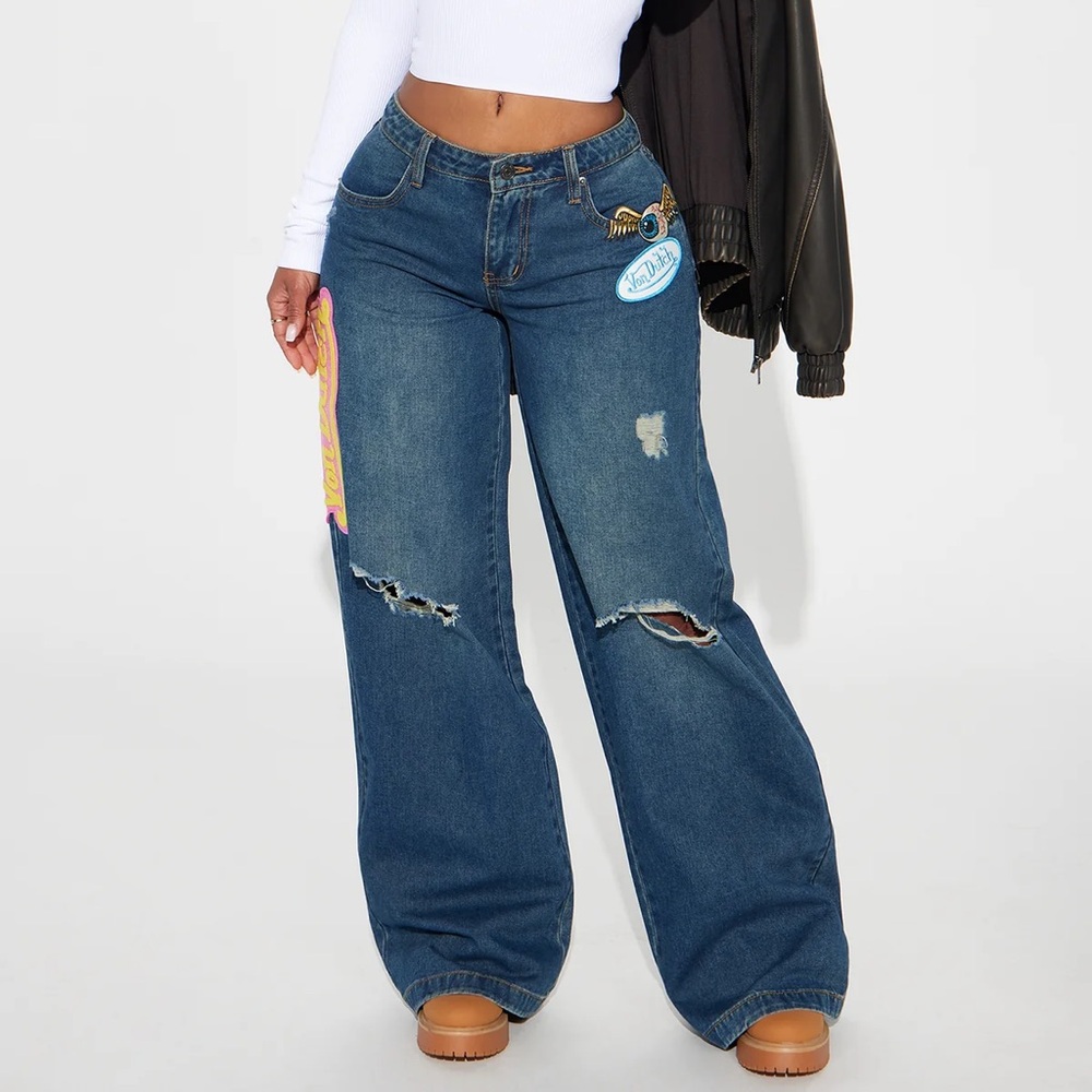 Van Dutch Patch Work Mid Rise Wide Leg Jeans Dark Wash size 7